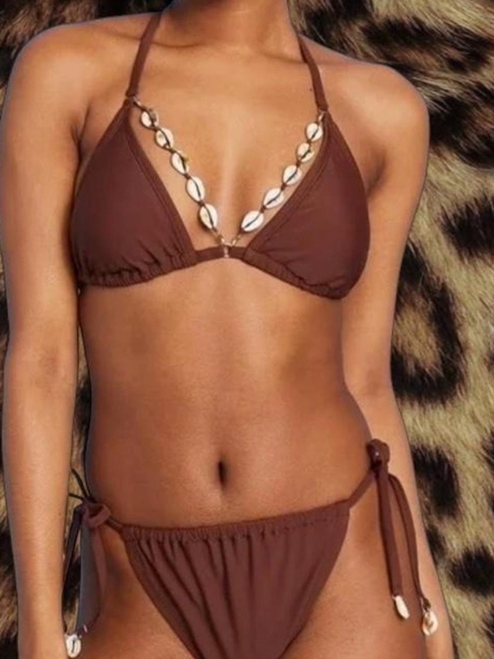 Brown Shell-Trim Triangle Bikini